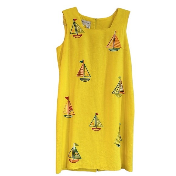 VINTAGE BETSYS THINGS EMBROIDERED SAILBOAT LINEN SHIFT DRESS YELLOW PLUS SIZE 14 - Picture 5 of 12